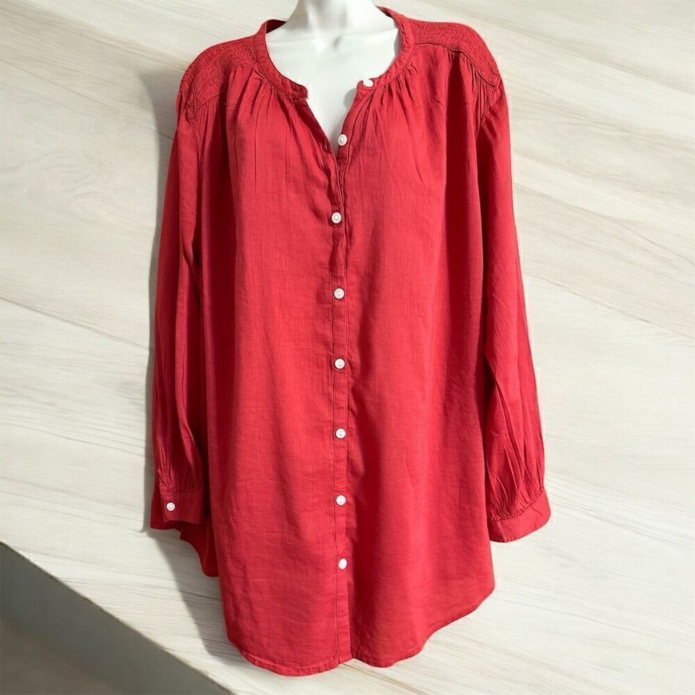 Old Navy Women's Red Soft Cotton Plus 2XL Button-Front Blouse Long Sleeve